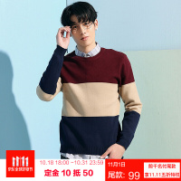 潮流前线2019春装男款青少年撞色条纹修身长袖圆领针织衫潮