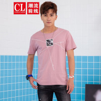 潮流前线2019夏季韩版圆领短袖男T恤都市街头男士打底衫上衣灰粉