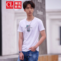 潮流前线2019夏装圆领修身字母印花男款短袖T恤小鸟花卉图案休闲上衣白色