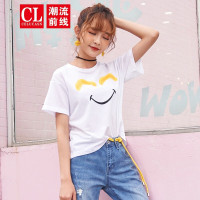 潮流前线2019夏季韩版圆领休闲短袖T恤女百搭笑脸图案女上衣白色