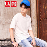 潮流前线2019夏季男款潮流圆领休闲简约短袖T恤口袋装饰宽松纯色上衣