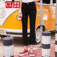潮流前线2019夏季韩版潮流休闲裤女百搭橡筋九分裤喇叭裤女潮黑色