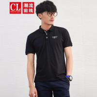 潮流前线2019年夏季男款休闲翻领字母印花polo衫潮流时尚百搭T恤衫黑色