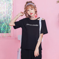 潮流前线2019夏季韩版圆领漏肩短袖女T恤宽松休闲女士打底衫