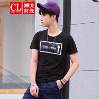 潮流前线2019夏装修身圆领个性印花短袖T恤休闲百搭男款T恤潮黑色