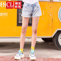 潮流前线2019夏装个性休闲磨破显瘦女款牛仔短裤下摆流苏设计潮牛仔蓝