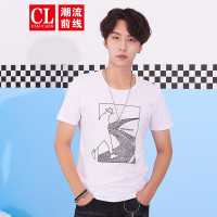 潮流前线2019年夏季男款印花人物字母图案短袖T恤修身男上衣