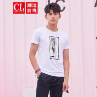潮流前线2019年夏季男款几何字母印花短袖T恤花卉修身上衣白色