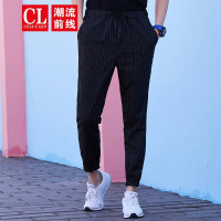 潮流前线2019夏装男款修身小脚橡筋九分裤系带竖条纹个性潮流休闲裤黑色