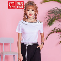 潮流前线2019夏季短袖T恤女装韩版修身休闲露肩女士上衣打底衫