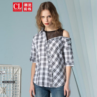 潮流前线2019夏季女款休闲百搭个性格纹宽松假两件圆领短袖衬衫