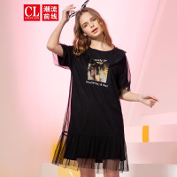 潮流前线2019夏季女款优雅个性人物印花假两件黑色纱连衣裙