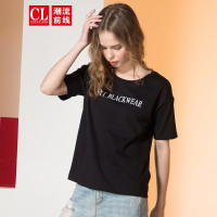 潮流前线2019夏季女款休闲圆领宽松英文字母印花纯棉短袖T恤