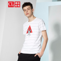 潮流前线2019夏季男款个性条纹可爱卡通动物印花短袖T恤
