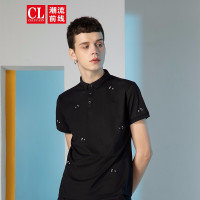 潮流前线2019夏季男款时尚翻领花卉刺绣设计短袖POLO衫