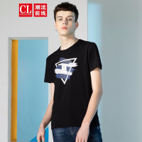 潮流前线2019夏季男款休闲个性几何涂鸦印花棉质修身短袖T恤