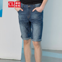 潮流前线2019夏季男款时尚休闲猫爪痕修身弹力牛仔五分裤中裤