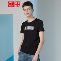 潮流前线2019夏季男款个性彩色渐变线条撞色印花修身短袖T恤 黑色