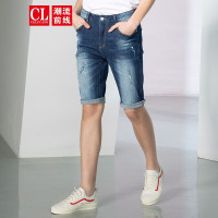 潮流前线2019夏季男款韩版磨白棉质弹力修身牛仔中裤短裤