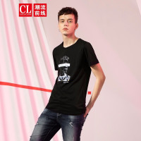 潮流前线2019夏季男款个性街头漫画头像字母印花圆领短袖T恤