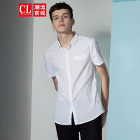 潮流前线2019夏季男款商务休闲纯色翻领修身基本款短袖衬衫