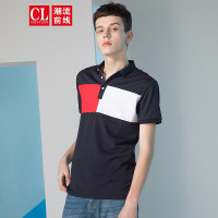 潮流前线2019夏季男款潮流休闲方形色块撞色修身短袖POLO衫