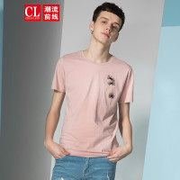 潮流前线2019夏季休闲圆领修身植物花卉刺绣百搭短袖T恤