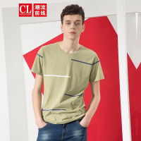潮流前线2019夏季男款个性线条撞色印花圆领棉质短袖T恤