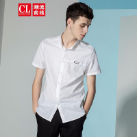 潮流前线2019夏季男款纯色短款字母标签时尚休闲短袖衬衫