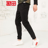 潮流前线2019秋装简约纯色休闲橡筋裤男装收口修身小脚裤子 黑色