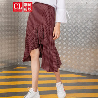 潮流前线2019秋装格子橡筋半身裙女不规则A摆裙少女甜美裙子 枣红