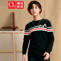 潮流前线2019秋装韩版短款修身明亮条纹长袖针织衫男青少年男上衣 黑色