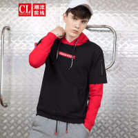 潮流前线2019秋装撞色拼接连帽卫衣男宽松时尚字母刺绣厚T恤男装潮 黑色