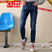 潮流前线2019秋装男款时尚休闲修身窄脚潮流牛仔裤九分裤男 牛仔蓝
