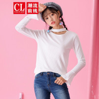 潮流前线2019秋装韩版半高领短款修身长袖T恤女喇叭袖上衣 白色
