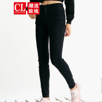 潮流前线2019秋装女款潮流韩版时尚紧身高腰小脚铅笔裤休闲裤女 黑色