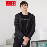 潮流前线2019秋装休闲连帽修身夹克外套男时尚青春学院风保暖外套 黑色