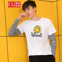 潮流前线2019秋装休闲圆领条纹长袖T恤男个性表情字母印花T恤衫 白色