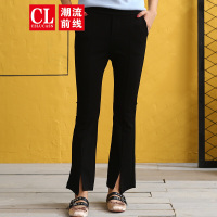 潮流前线2019秋装青少年学生女士休闲橡筋九分裤韩版潮流喇叭裤女 黑色