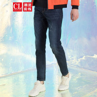 潮流前线2019秋装牛仔裤男修身窄脚裤弹力休闲磨破休闲男装 牛仔蓝