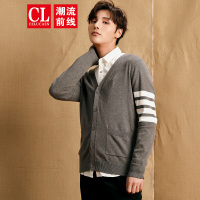 潮流前线2019秋装韩版针织衫外套男青少年学生简约明亮条纹毛衫男 花灰