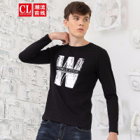 潮流前线2019秋装黑色显瘦长袖T恤男圆领创意字母印花时尚街头男上衣 黑色