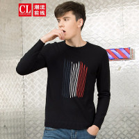 潮流前线2019秋装圆领刺绣线条撞色长袖针织衫男士修身黑色潮酷线衣 黑色