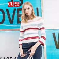 潮流前线2019秋装一字领针织衫女条纹微喇叭袖柔软百搭上衣 白色