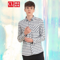 潮流前线2019秋装休闲衬衫男修身棉质格子长袖衬衣男韩版港风 宝蓝