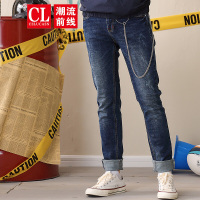 潮流前线2019秋装男款时尚韩版休闲修身窄脚长裤牛仔裤男潮流 牛仔蓝