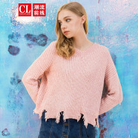 潮流前线2019秋装V领套头针织衫女宽松纯色甜美不规则毛边下摆毛衣女 虾红