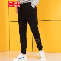 潮流前线2019秋装修身小脚橡筋裤男条纹撞色系带休闲裤男运动裤