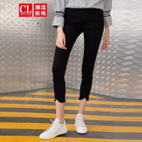 潮流前线2019秋装橡筋九分裤女修身小脚棉质舒适不规则毛边下摆小脚裤 黑色