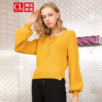 潮流前线2019秋装个性V领时尚青春甜美针织衫女宽松休闲绑带线衣 金